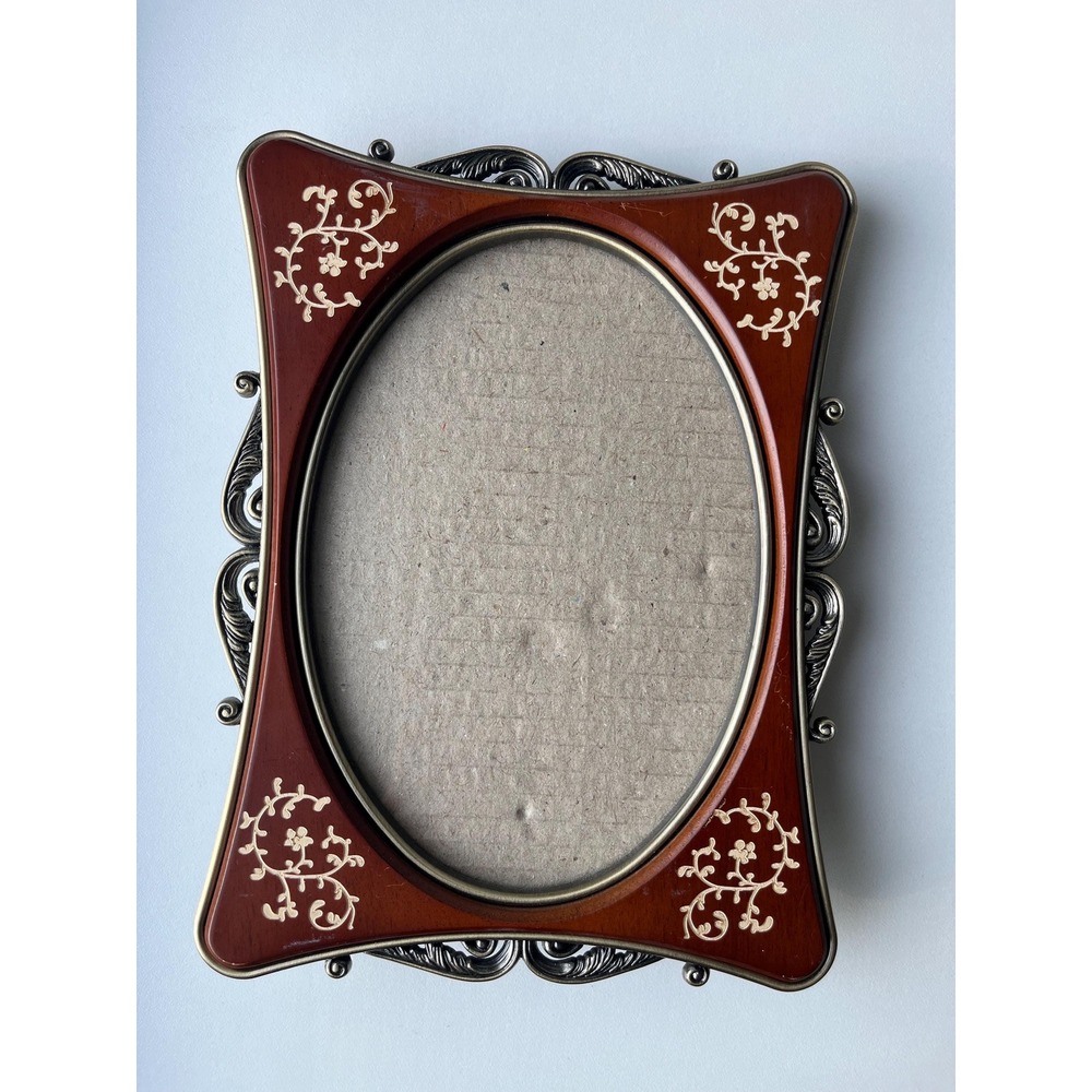 Antiqued Brass and Mahogany Wood 5x7 frame, Art Nouveau style